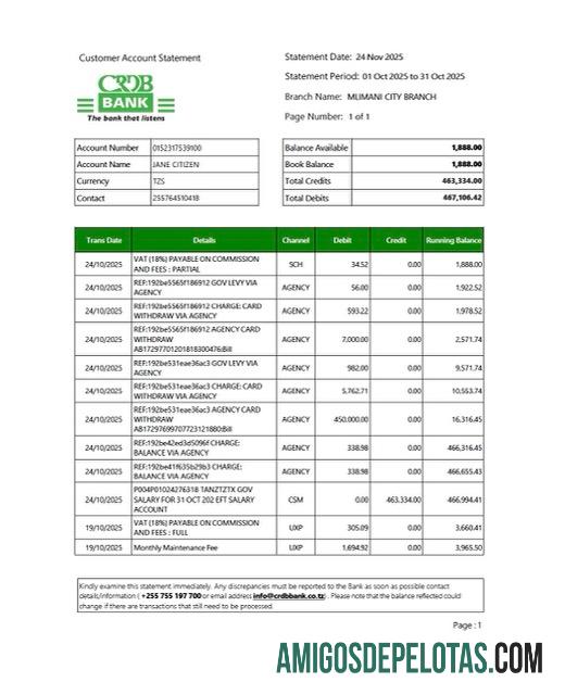 Modelo realista de extrato de conta bancária CRDB da Tanzânia Word e PDF, versão 2